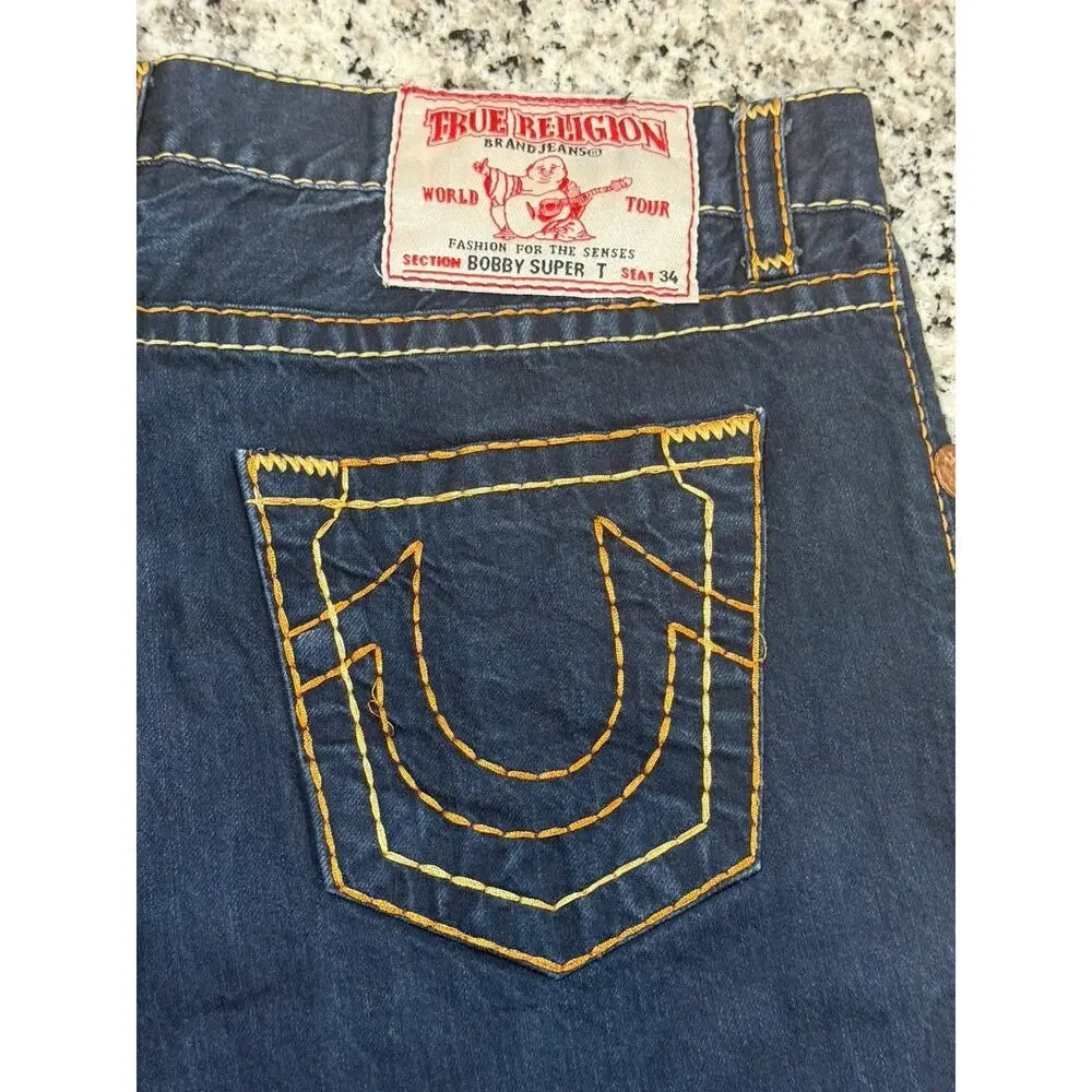 Vtg True Religion Bobby Super T Jeans Button Fly Orange Thick Stitch Size 36x36
